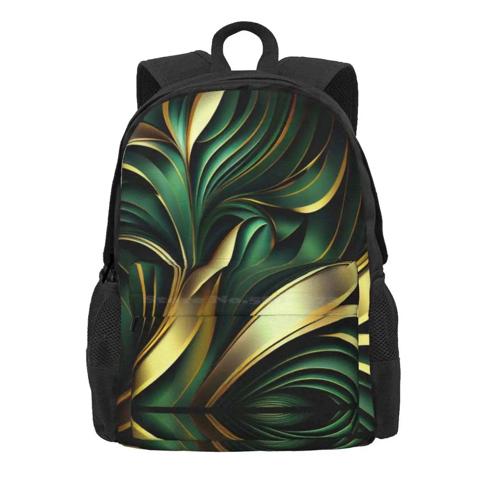 Elegant Emerald: A Gold And Green Graphic Design Hot Sale Schoolbag Backpack Fashion Bags Abstract Ainouveauart Imperial Style