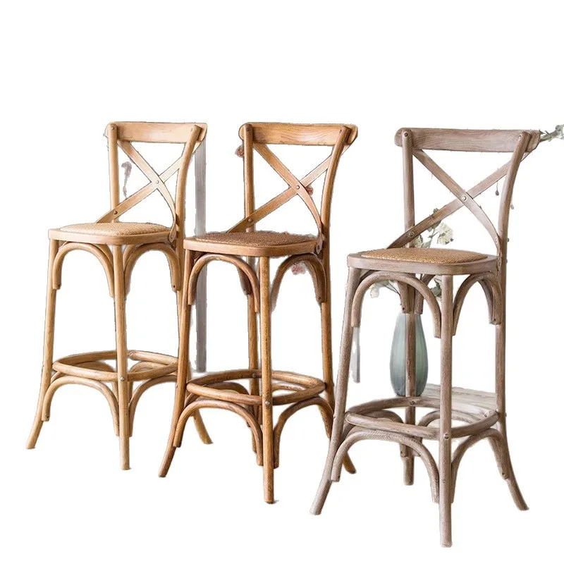 

American retro Internet celebrity cafe solid wood chair simple pub light luxury home bar chair high backrest high bar chair
