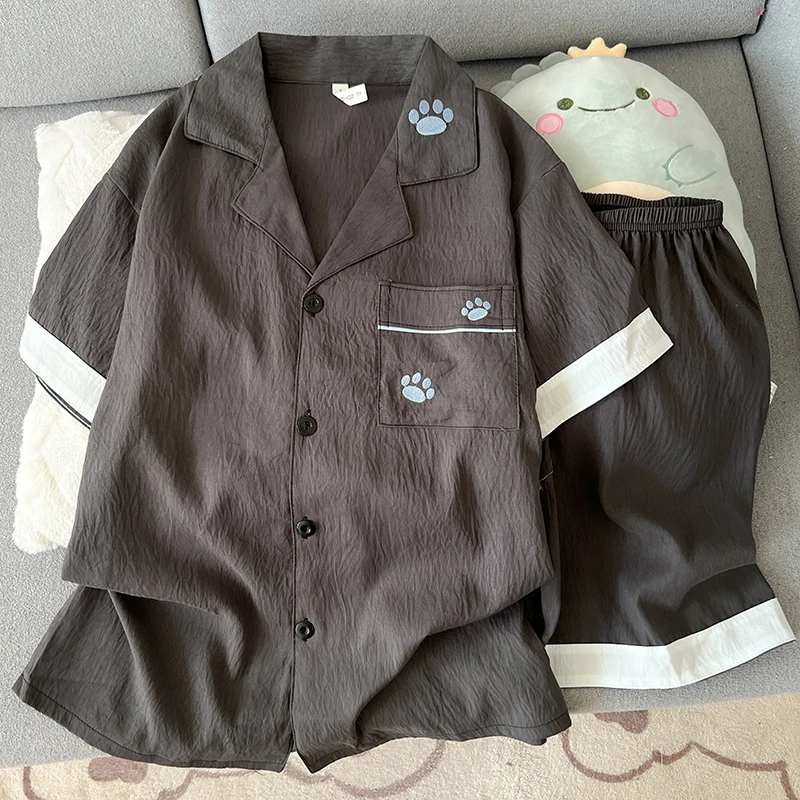 Embroidery Paw Men's Summer New Pajamas Set Korean Style Casual Cute 2PCS Men's Loungewear Homewear Fashion Soft Sleepwear