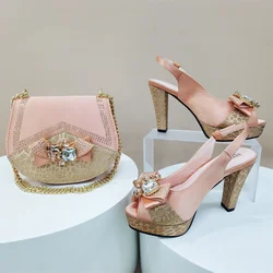 Open Toe Women Heels for 2024 Elegant Party Peach Color Diamond Pumps Italian Shoes and Bags Matching Set
