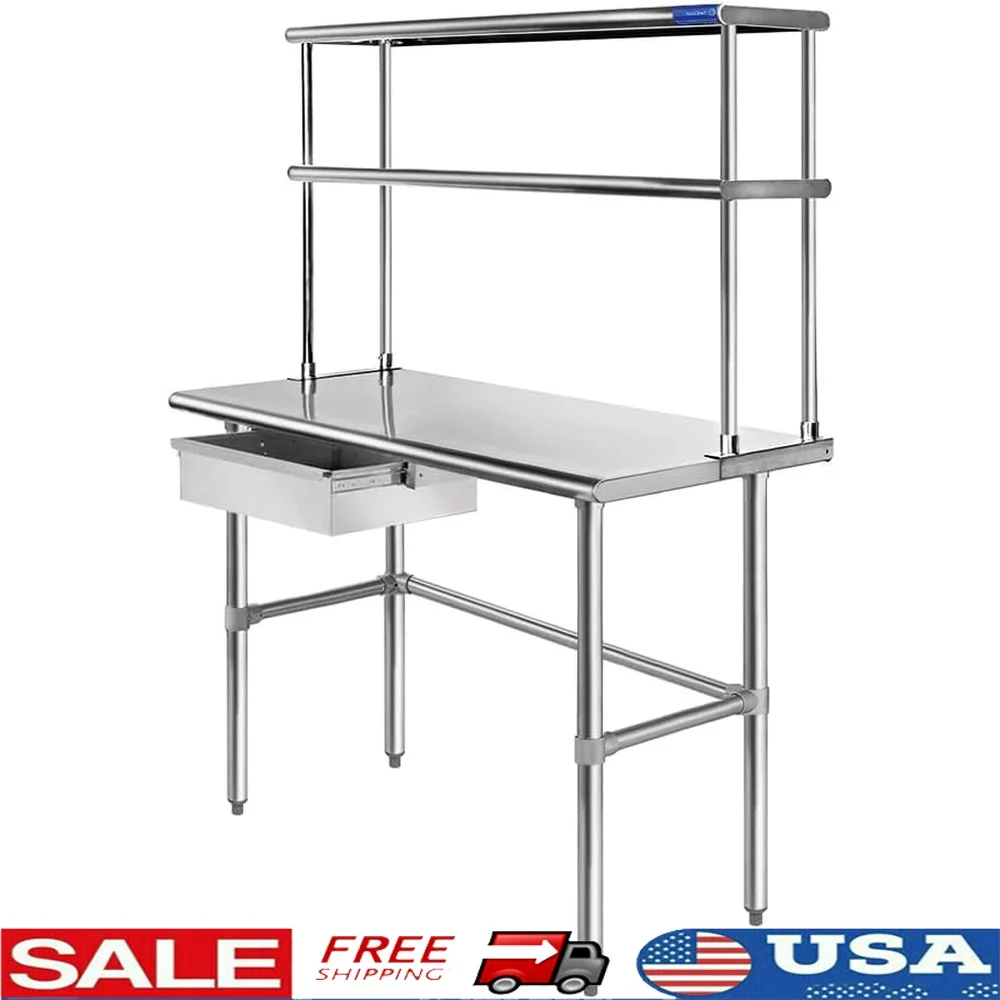 

Stainless Steel Work Table with Double Tier Shelf NSF Approved Prep Table Kitchen Garage Utility Bench Food Safe Durable