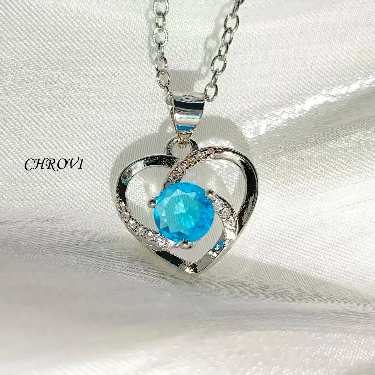 Sweet 925 Sterling Silver Heart Necklace with Blue Crystal Zirconia, a Perfect Birthday Gift for Women.