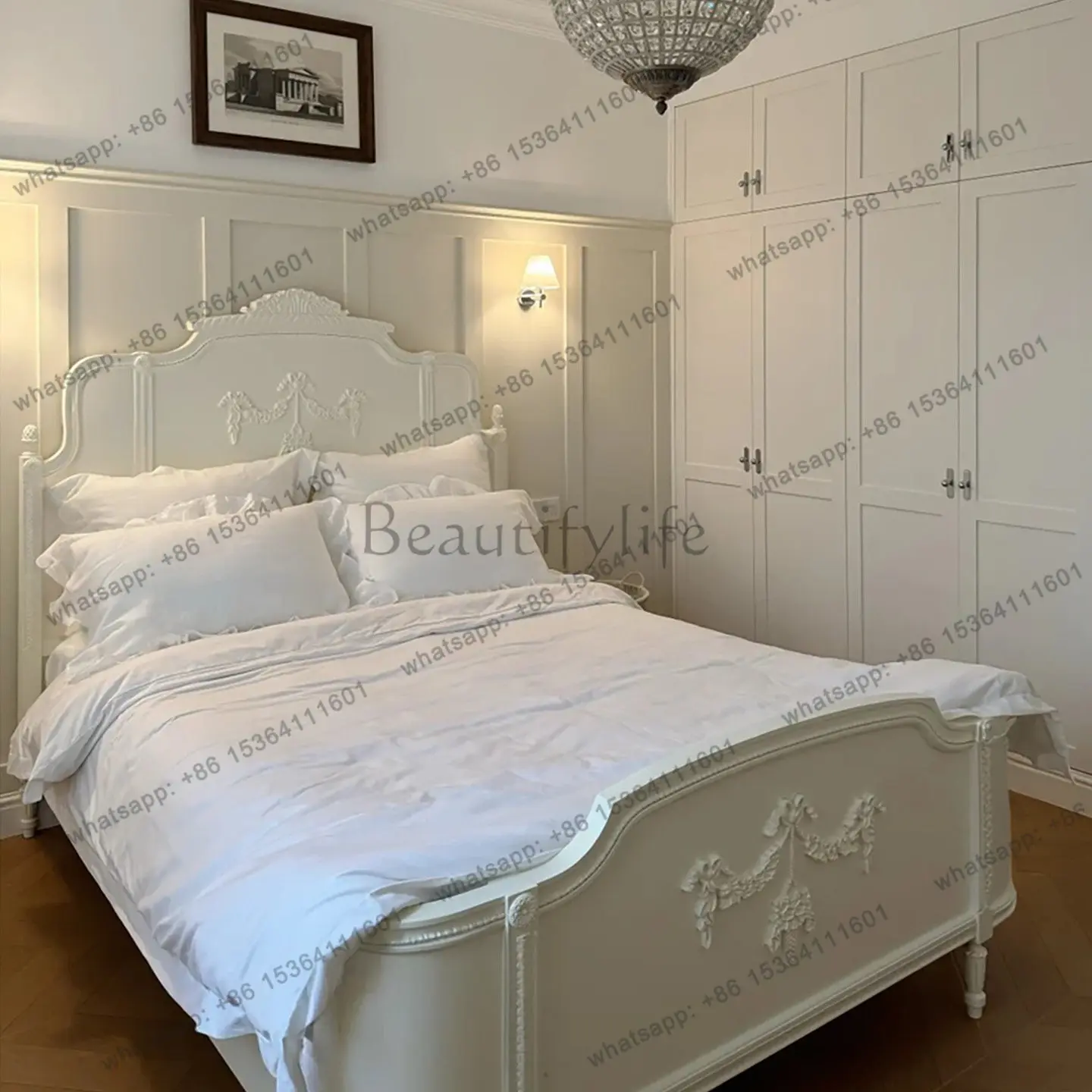 French retro solid wood carving flower bed villa master bedroom cream style household rattan bed