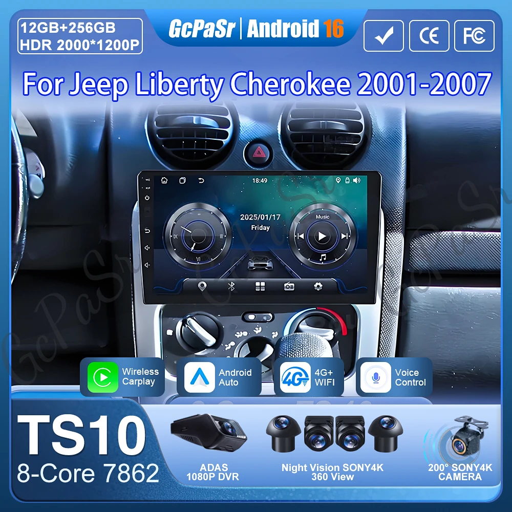 Android 16 Car Radio Carplay For Jeep Liberty Cherokee 2001-2007 Navigation GPS Android Auto Multimedia Player 5G Wifi No 2din