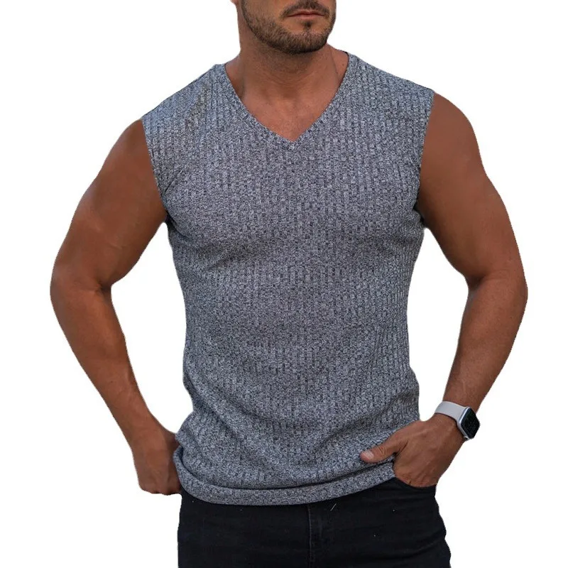 

2024 Foreign Trade Summer Knitted Vertical Stripe V-neck Sports Slim Fit Tank Top for Men's Casual Tank Top