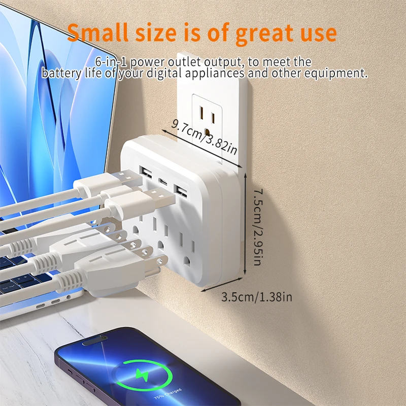 Plugue de parede econômico e poderoso em tomada de energia 6 em 1, 3 saídas de energia, 2 USB-A e 1 tipo C