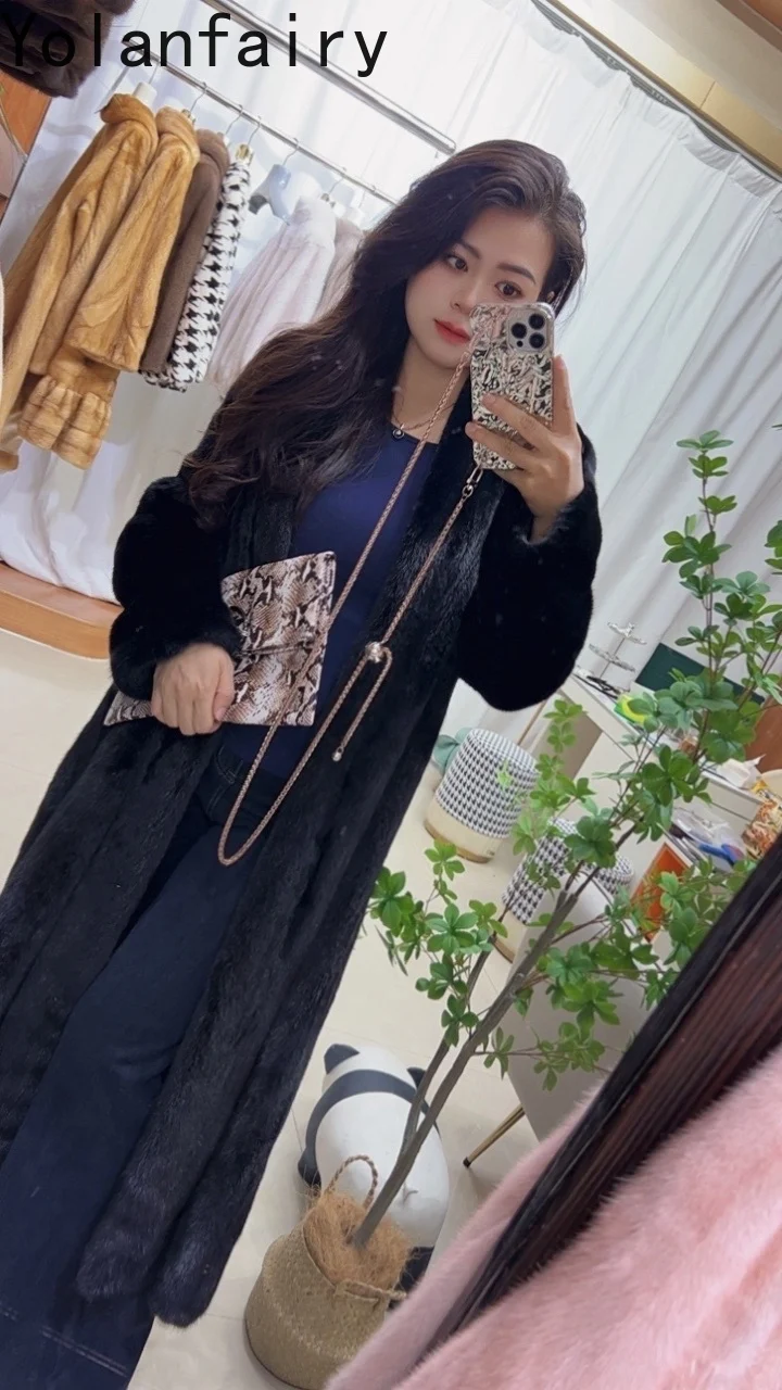 YOLANFAIRY Real Mink Fur Coat Woman Luxury 2025 Winter V-neck Natural Whole Mink Fur Jacket Long Black Fur Coats Outerwears
