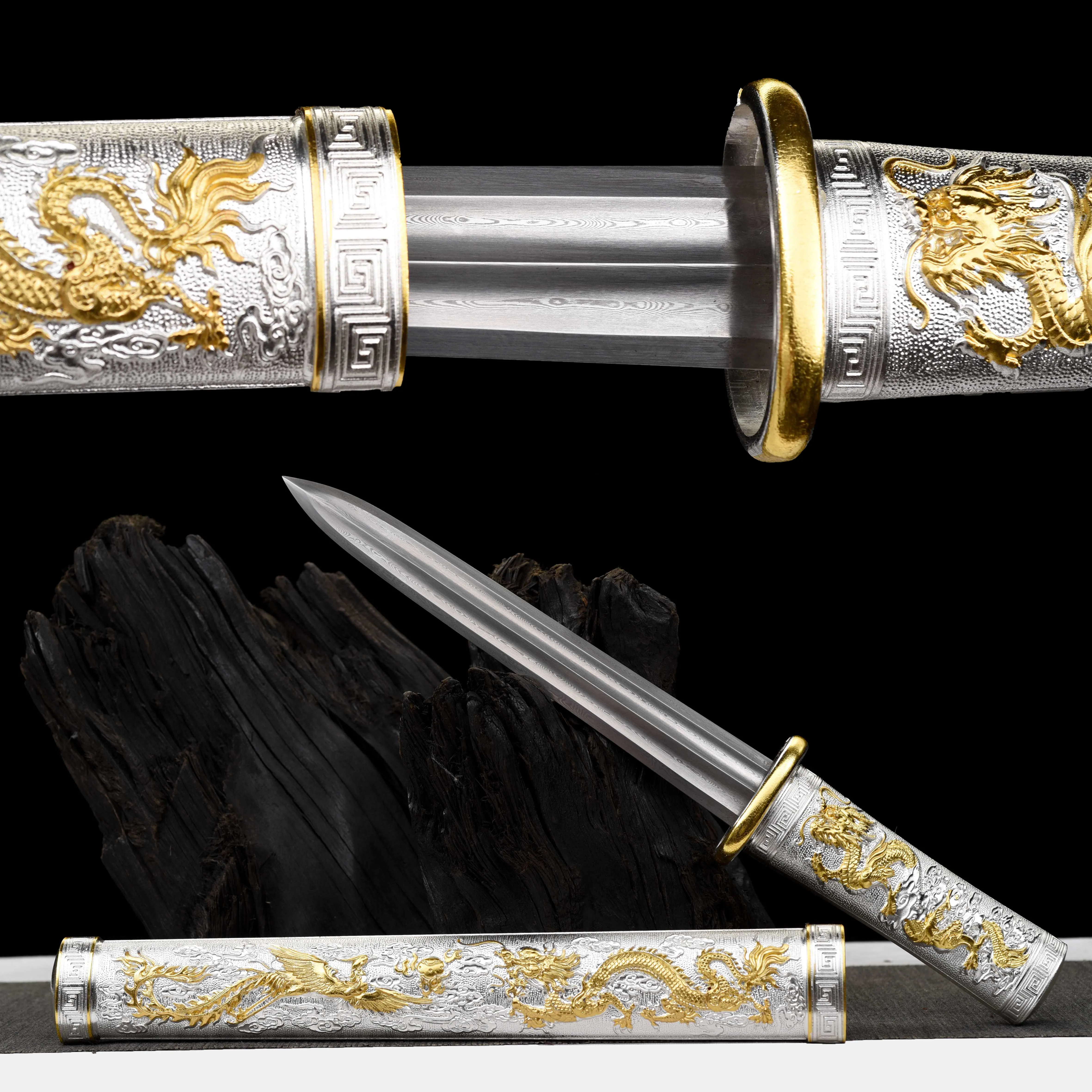 Espada medieval de dragón dorado y Fénix, katana, forjado plegable, preparación de batalla de acero de Damasco, arma afilada de tang completo Ninja