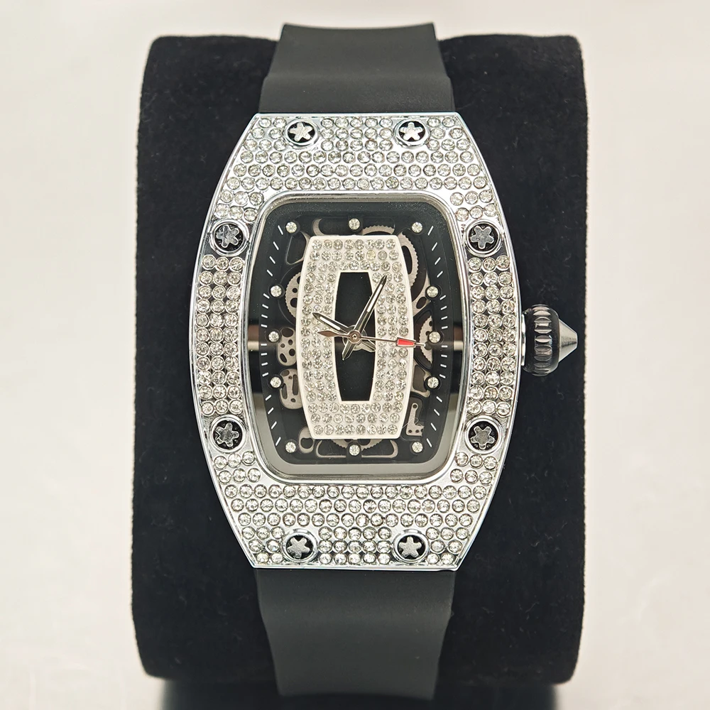 2024 Hot Fashion Diamond Watch For Women Elegant Iced Jewelry Watches Girl Sport Rubber Strap Tonneau Wristwatch Ladies Gift