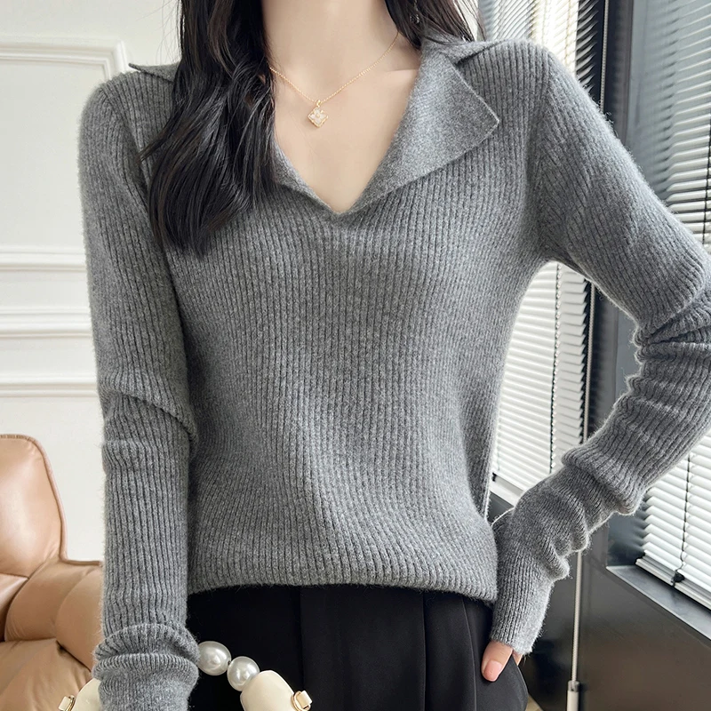 Women\'s pullover autumn/winter 100% wool sweater Japanese/Korean casual knit sweater Turn-down Collar Tops slim fit wear Blouse