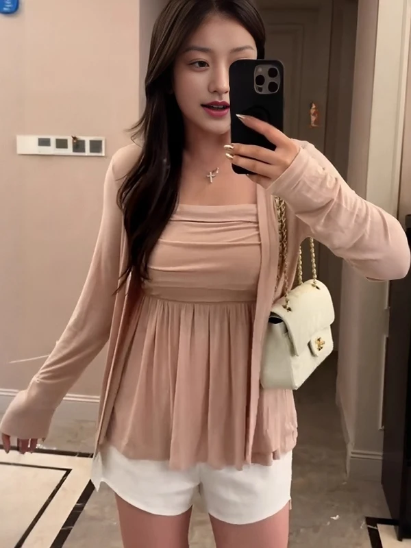 

Женский сексуальный коврик больших размеров, открытый кардиган, верхняя одежда, комплект из двух предметов, розовый, летний, модный, на бретельках, мм