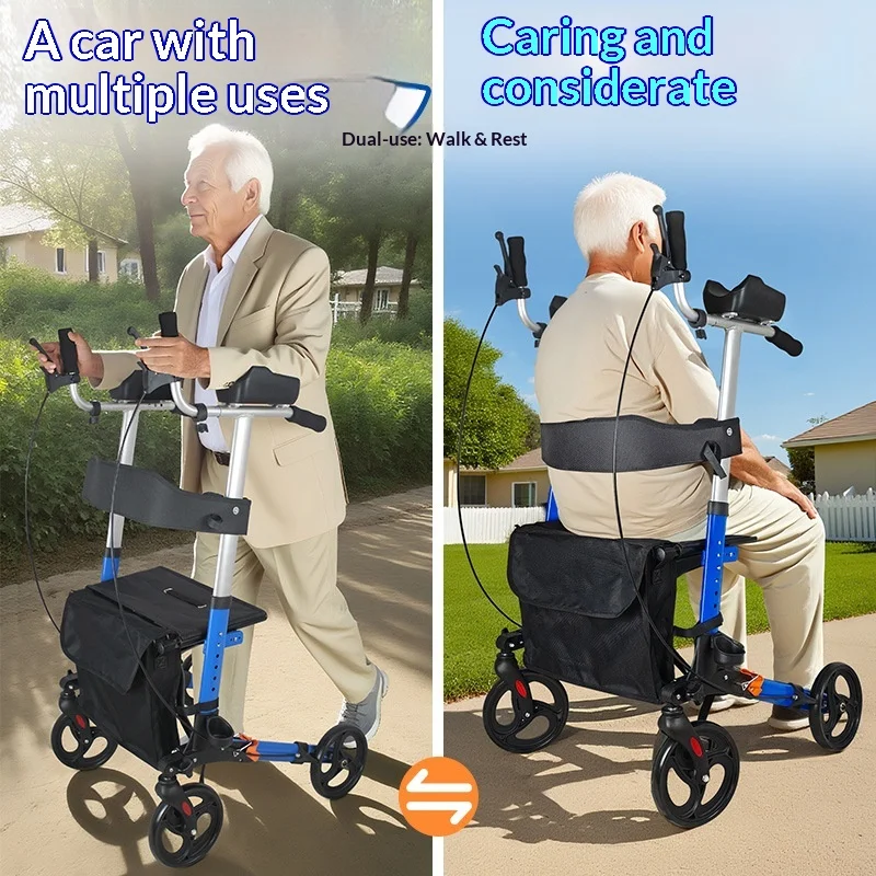 Rollator Walker, Lightweight Foldable Blue Walking Aid, Anti-Fall Non-Slip U-Brake, Elderly Mobility Aid, Rehab Therapy Supplies