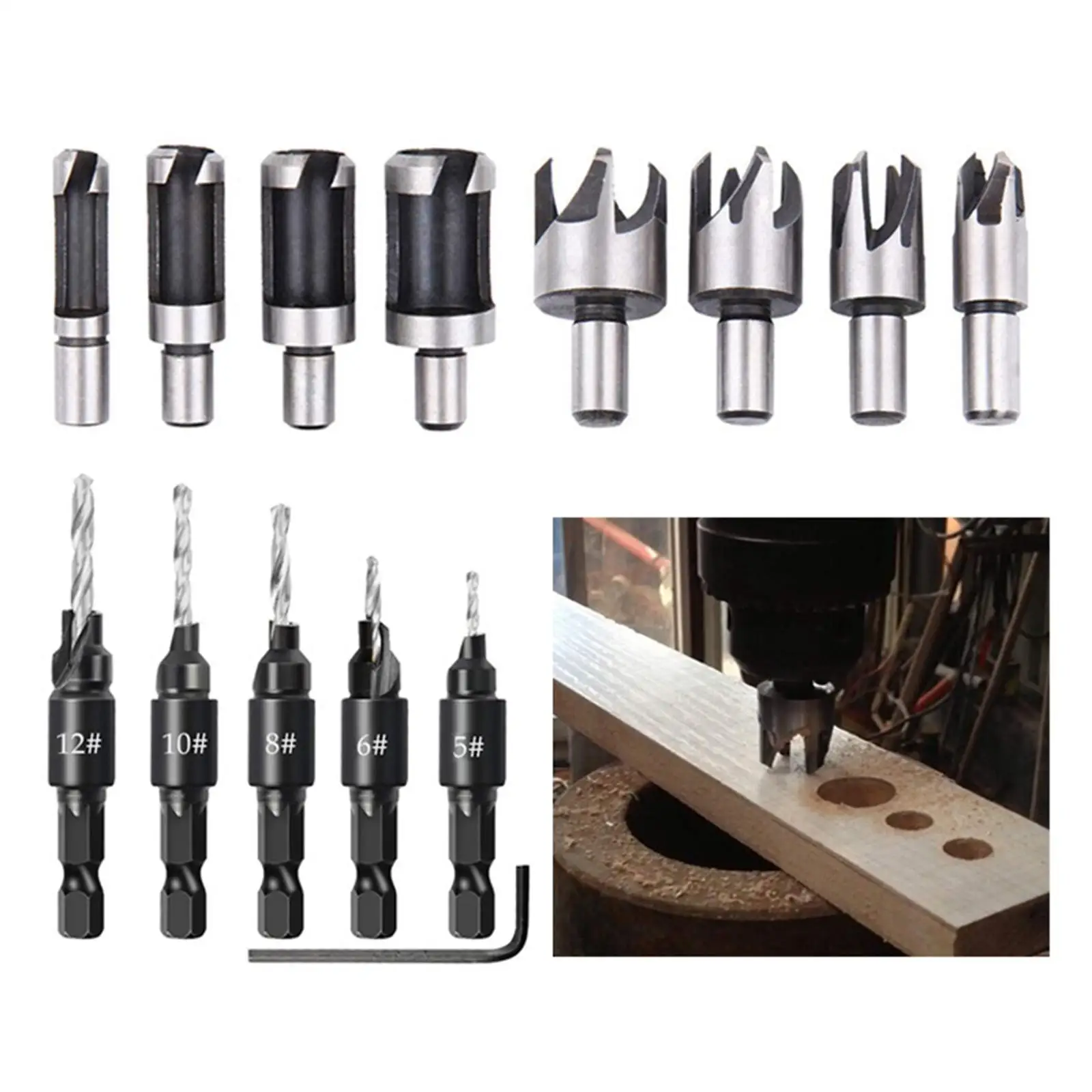 

Woodworking Chamfer Drilling Tools with Hexagonal Handle Punch 5mm 6mm 8mm 10mm 12mm & L Wrench Countersink Drill