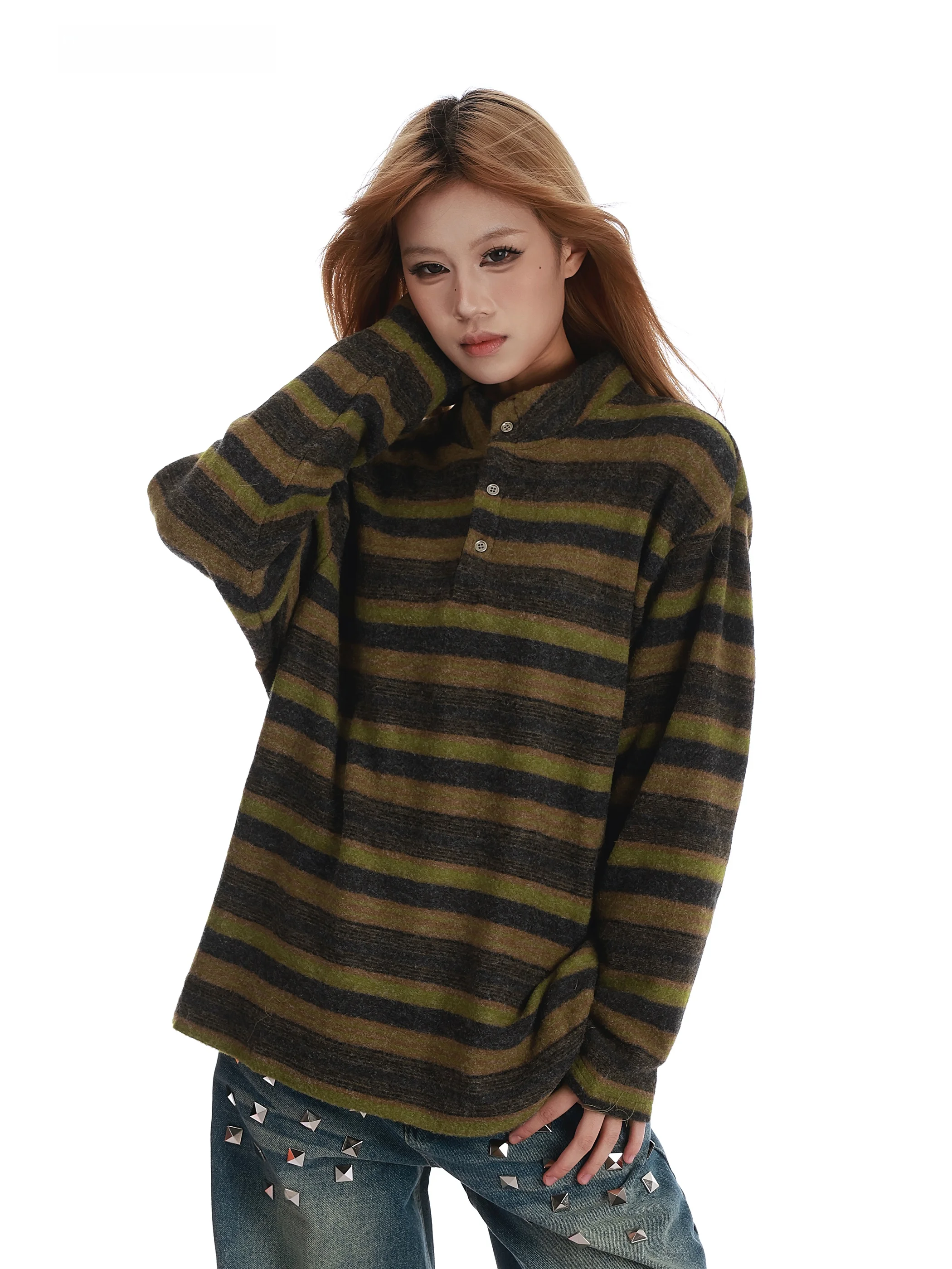 

VINMUK Американский ретро-свитер в полоску с воротником-стойкой, вязаный, женский, осенне-зимний, новая модная модель, топ с длинными рукавами