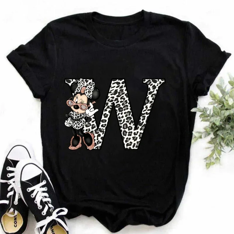 Minnie Mouse Disney A-Z 26 English Letters Children T-shirts Casual Harajuku Print O-neck Short Sleeve Summer Girl Tee Shirt