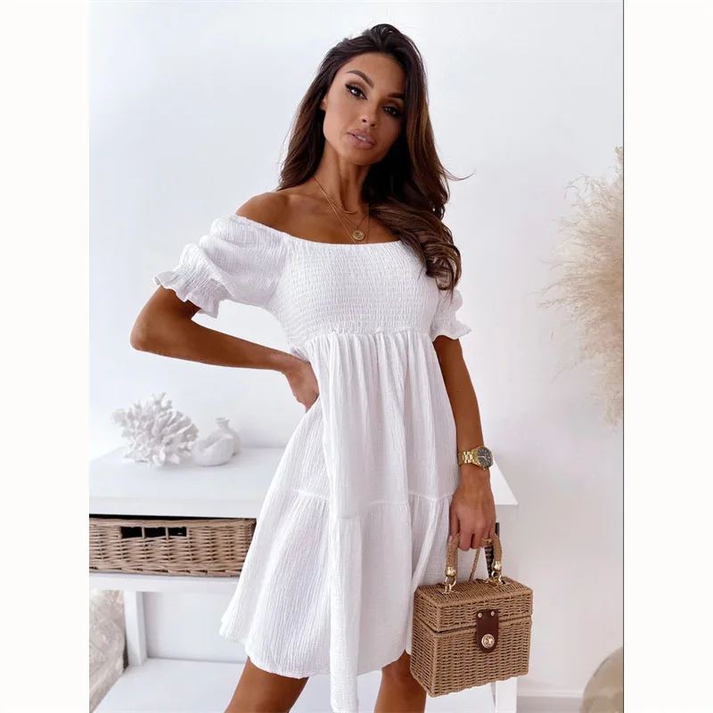 

Summer Fashion Midi Dress 2023 Ladies Beach Swing Off Shoulder dress Female Casual Loose Pleated A-line Sundress белое платье