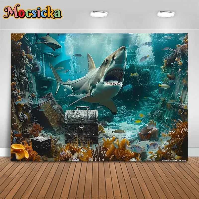 Mocsicka 写真撮影背景 水中世界 サメ 装飾背景 リビングルーム壁画 人々写真バナー スタジオ小道具