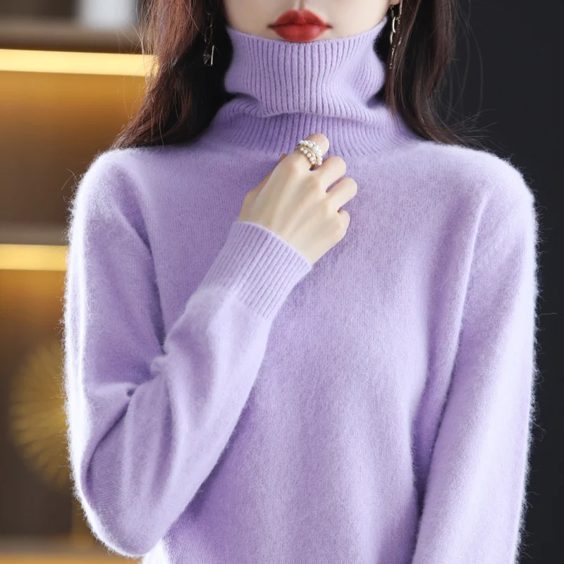 Autumn and winter new 100% mink velvet women\'s sweater turtleneck knit pullover slim fashion soft warm solid color 23-color top