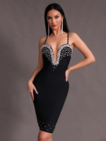 Women Celebrity Sexy V Neck Studded Black Beading Diamonds Mini Bandage Dress 2024 Knitted Elegant Evening Club Party Outfit