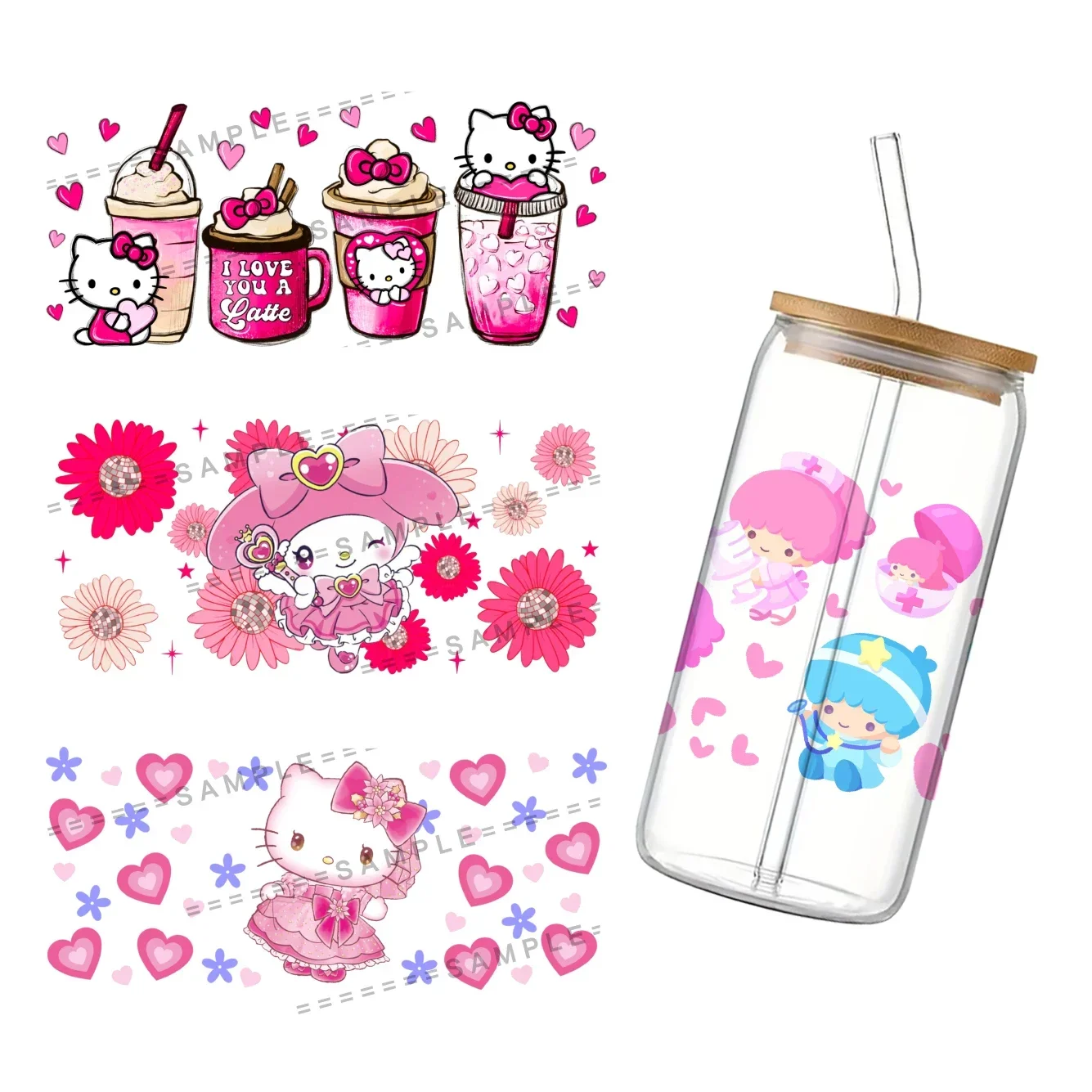 

Sanrio Theme Valentine's Day For Libbey 16oz Can Glass UV DTF My Melody Kuromi Coffee Can Wrap Libbey Glass