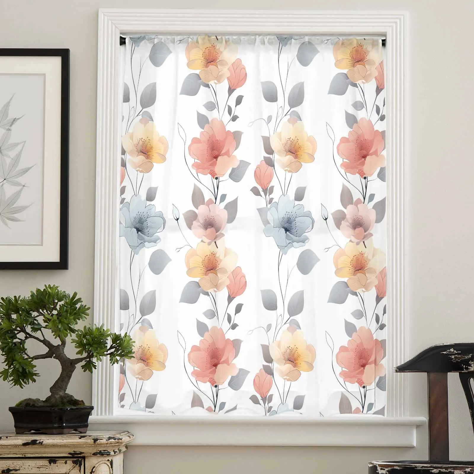 Hand Painted Flowers Leaves Sheer Curtains for Living Room Bedroom Window Treatment Kitchen Chiffon Curtain