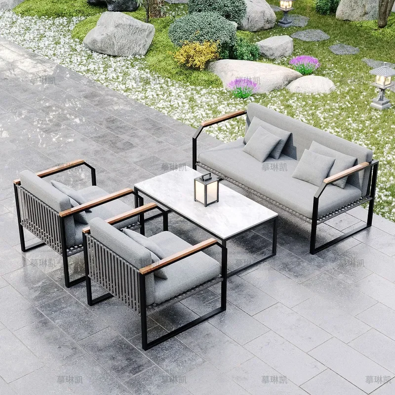 for Outdoor Aluminum Alloy Rattan Sofa Set with Coffee Table for Courtyard Villa Hotel Terrace Garden Leisure Furniture