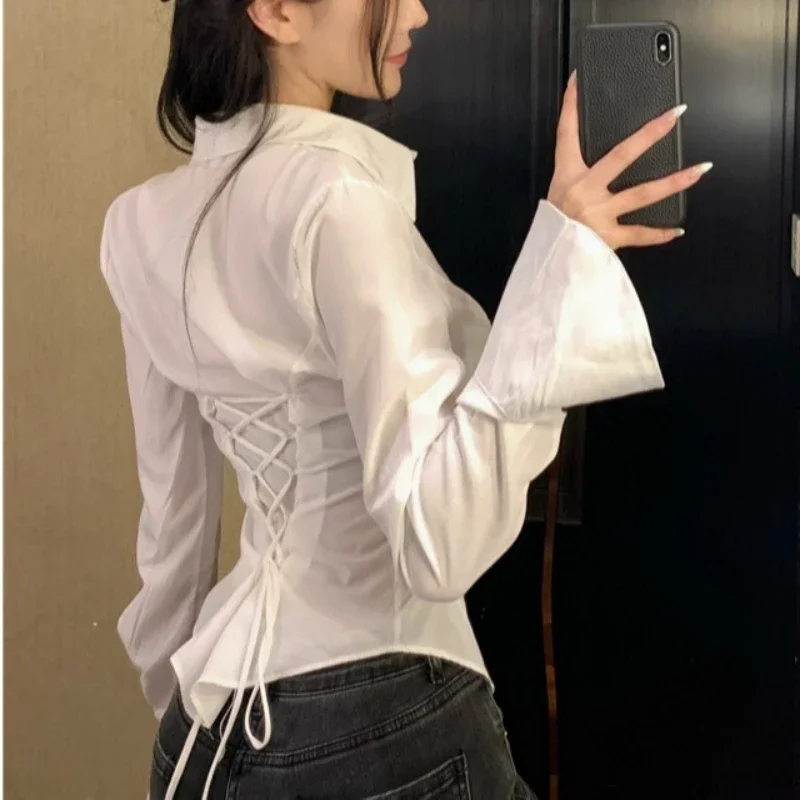 

Women Bandage Shirts Streetwear White Flare Long Sleeve Slim Blouses Spring Korean Fashion Black Lace Up Casual All Match Tops