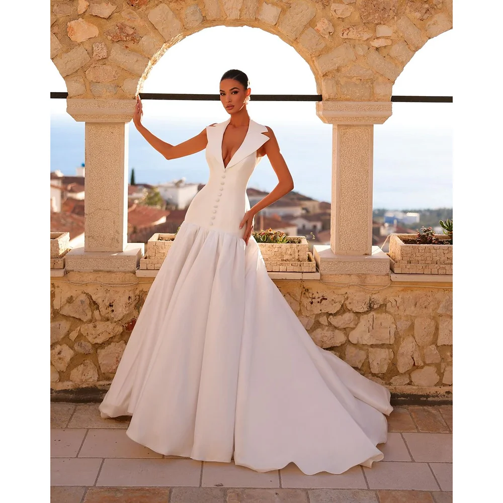 

White Sleeveless Evening Dresses Floor Length Women Prom Gowns With Button Formal Special Party Dress Customized