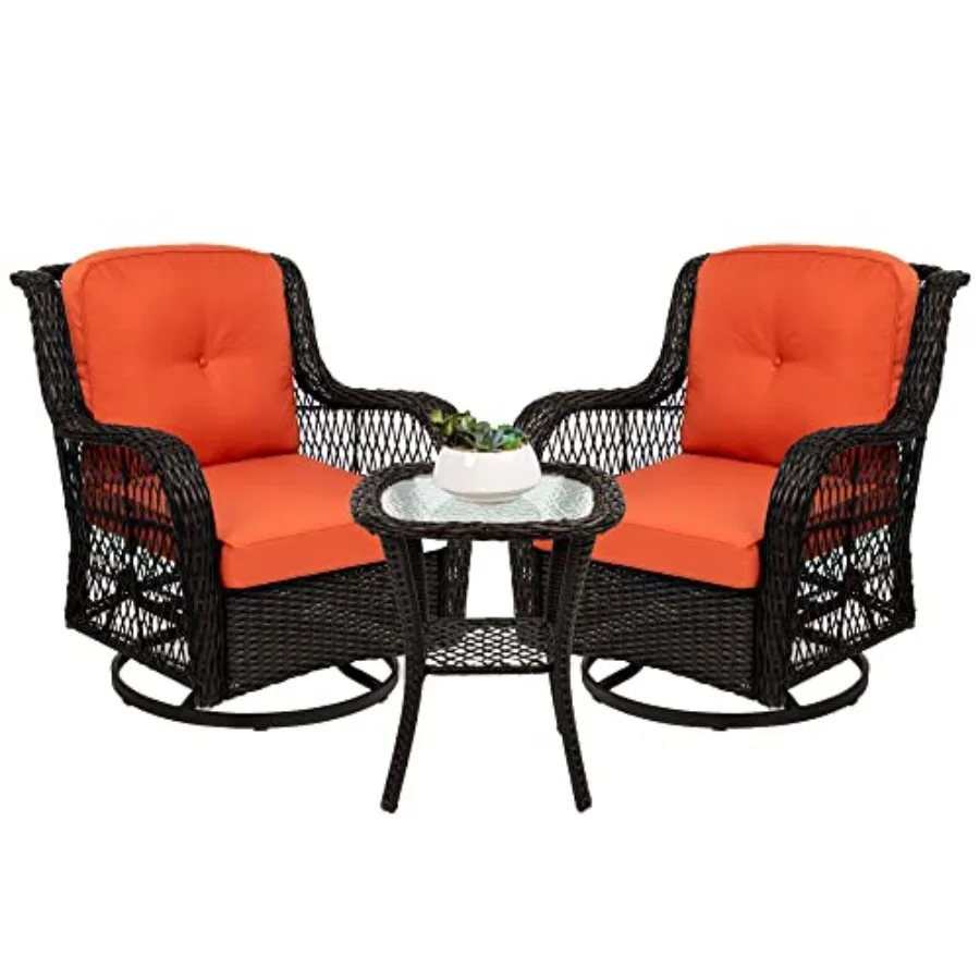 

3-Piece Outdoor Wicker Patio Bistro Set w/ 2 360-Degree Swivel Rocking Chairs and Tempered Glass Top Side Table - Rust