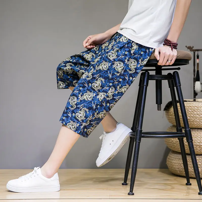 Simplicity Chinese Style Summer Men\'s Elastic Waist Printing Pocket Trend Versatile Loose Straight Wide Leg Calf Length Shorts