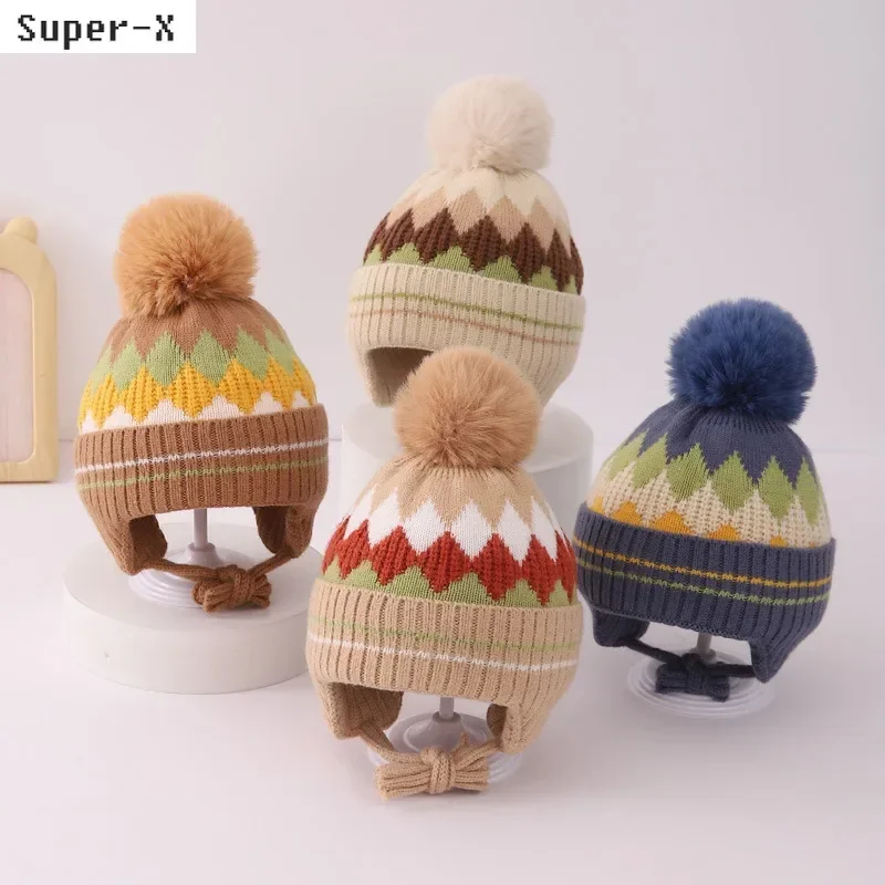 Children Winter Hats with Earflaps Ear Warm Knit Plaid Thickened Beanies for Girls Boys Kids 3-6Y Winter Bomber Hats Cute Pompom