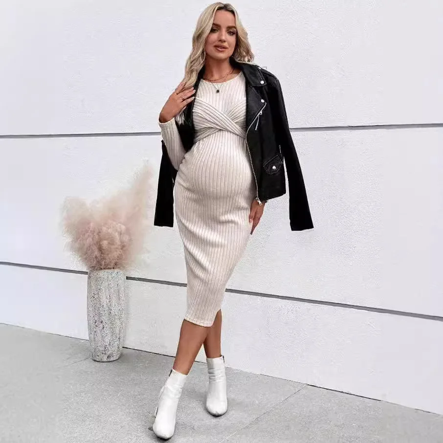 Autumn Winter American Casual Across Ties  A Line Slim Dress Maternity Elegant A Line Hot Clothes for Pregnant Women Pregnancy