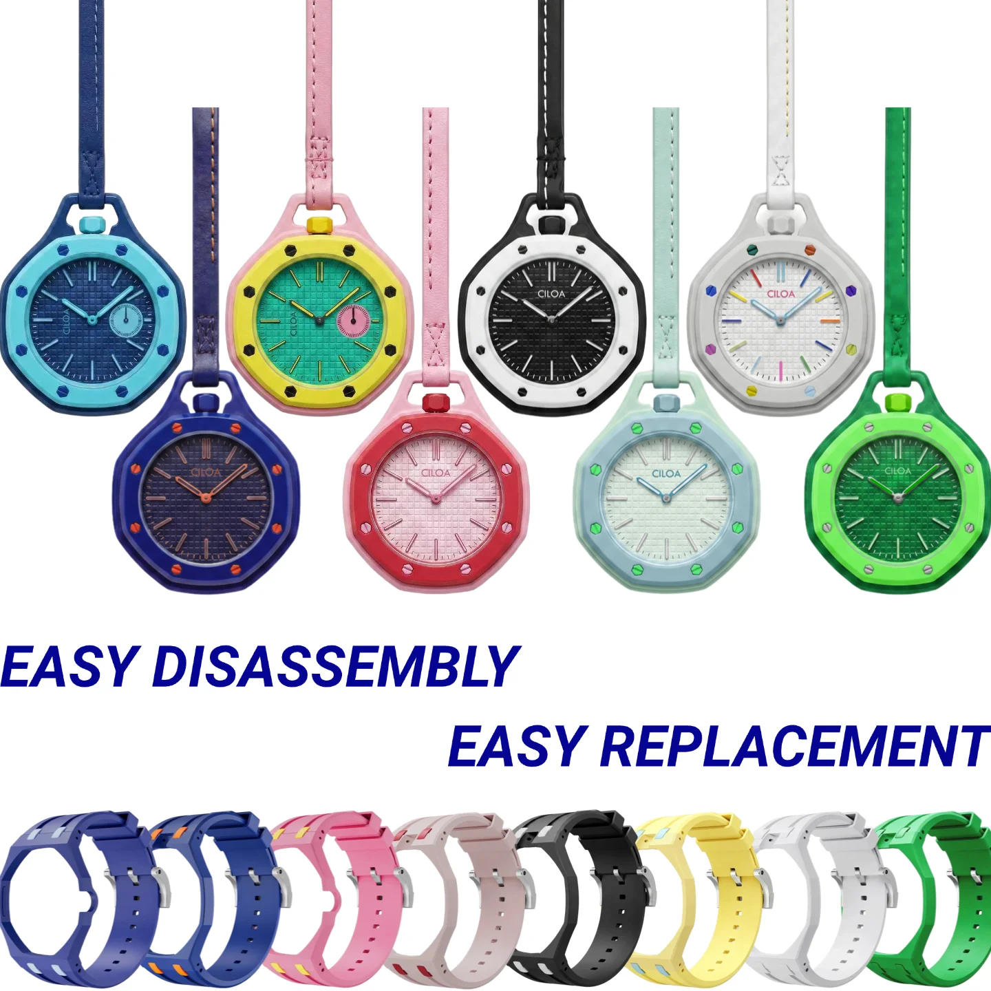CILOA 2 In 1 Convertible Octagonal Watch Easy Disassembly Detachable Dial Matching Silicone Wrist Strap & Leather Lanyard