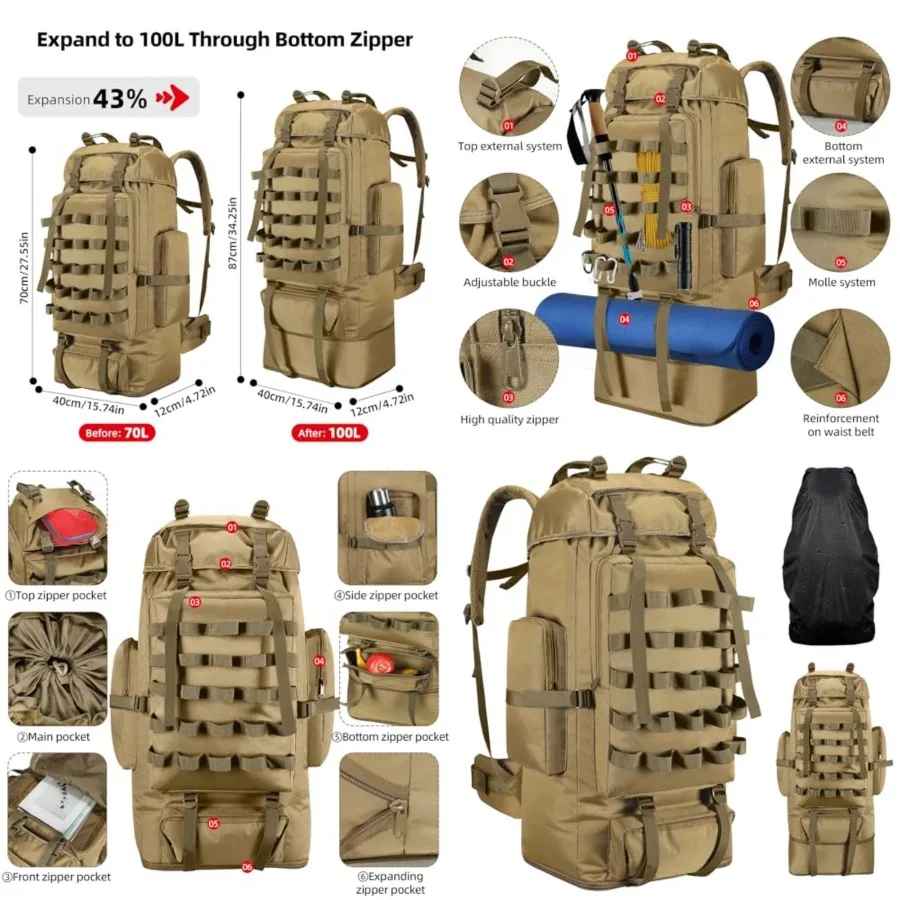 

70L/100L Camping Hiking Backpack with Rain Cover, Expandable Large Military Tactical Backpack, Waterproof Molle Racksack Travel