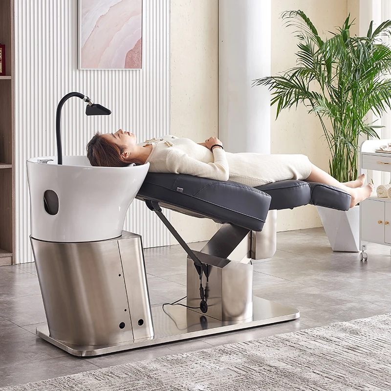 Automatic Simple Cosmetology Shop Electric Shampoo Chair Barber Ceramic Basin Flushing Bed Luxury adjustable lift massage hair