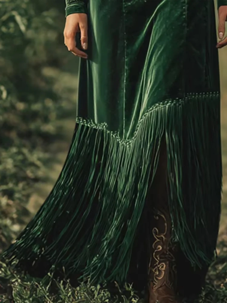 

Bohemia Elegant Fringe Women Maxi Dress Green Deep V Neck High Waist Long Sleeve Fall Tassel Hem Robe Vintage Chic Long Dresses