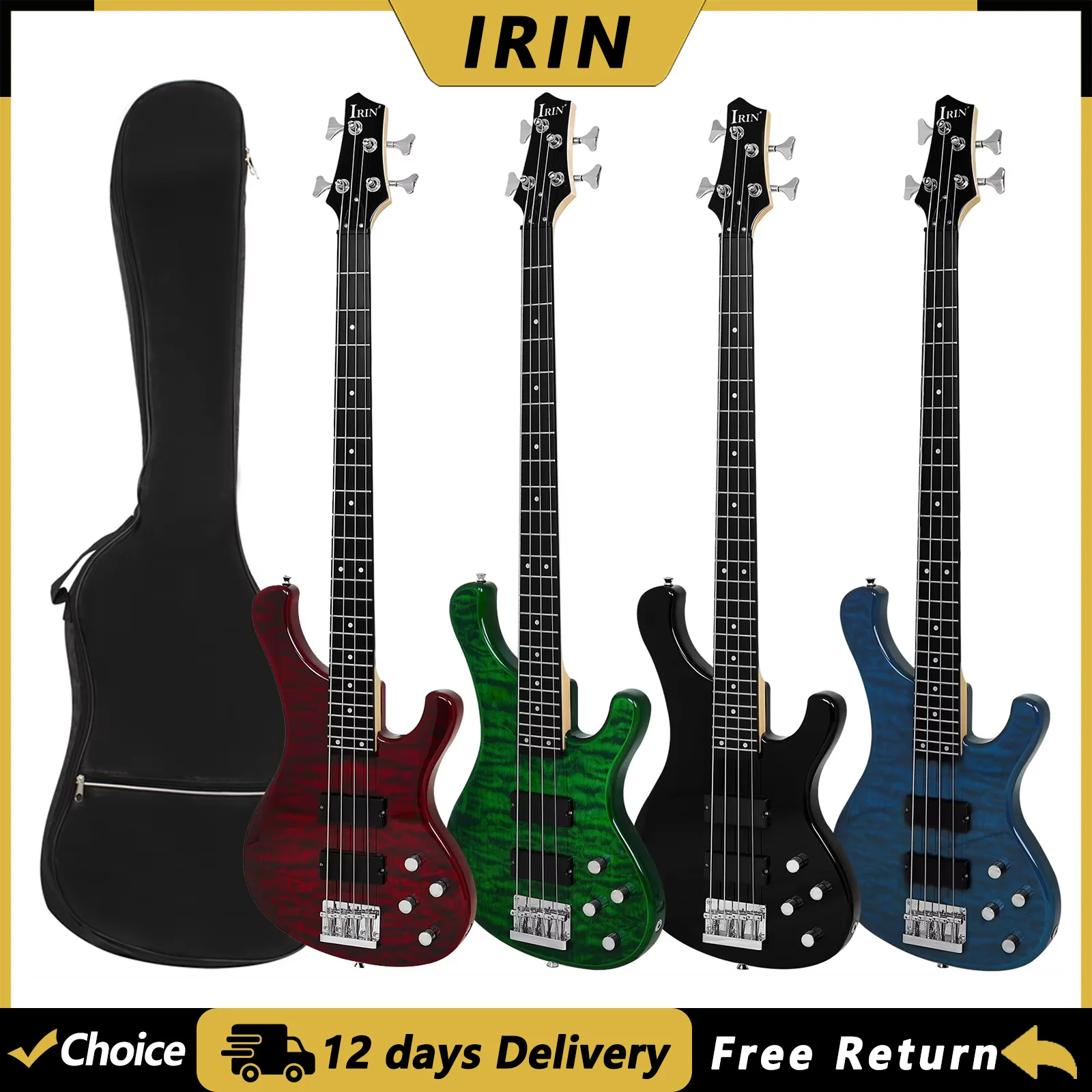 IRIN PB-104 Bass Guitar 4 Strings 24 Frets Maple Neck Oguman Body Electric Bass Guitarra with Bag Cable String Instruments