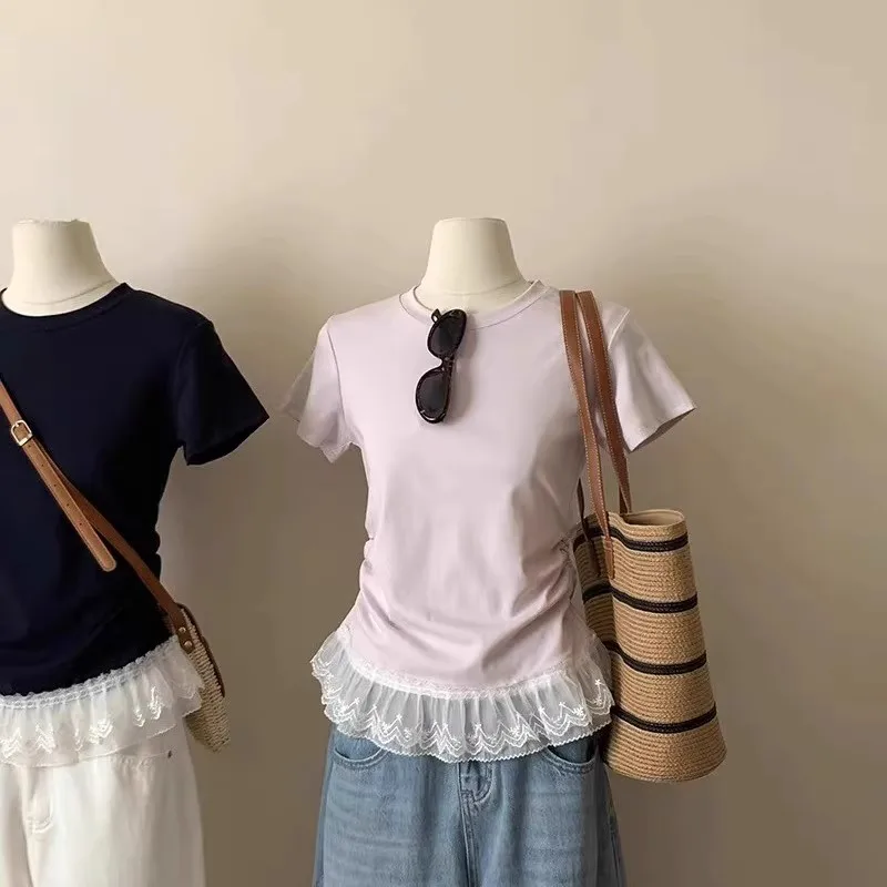 

Korean Style Women's Slim Fit T-Shirt Short Sleeve Lace Trim Splice Summer Top round Neck Regular Length Commute Style
