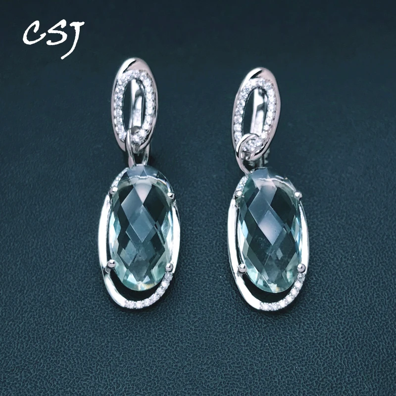 

CSJ Elegant Green Amethyst Dangle Earrings Sterling 925 Silver Gemstone 8*16mm 8carat for Women Birthday Party Christmas Gift