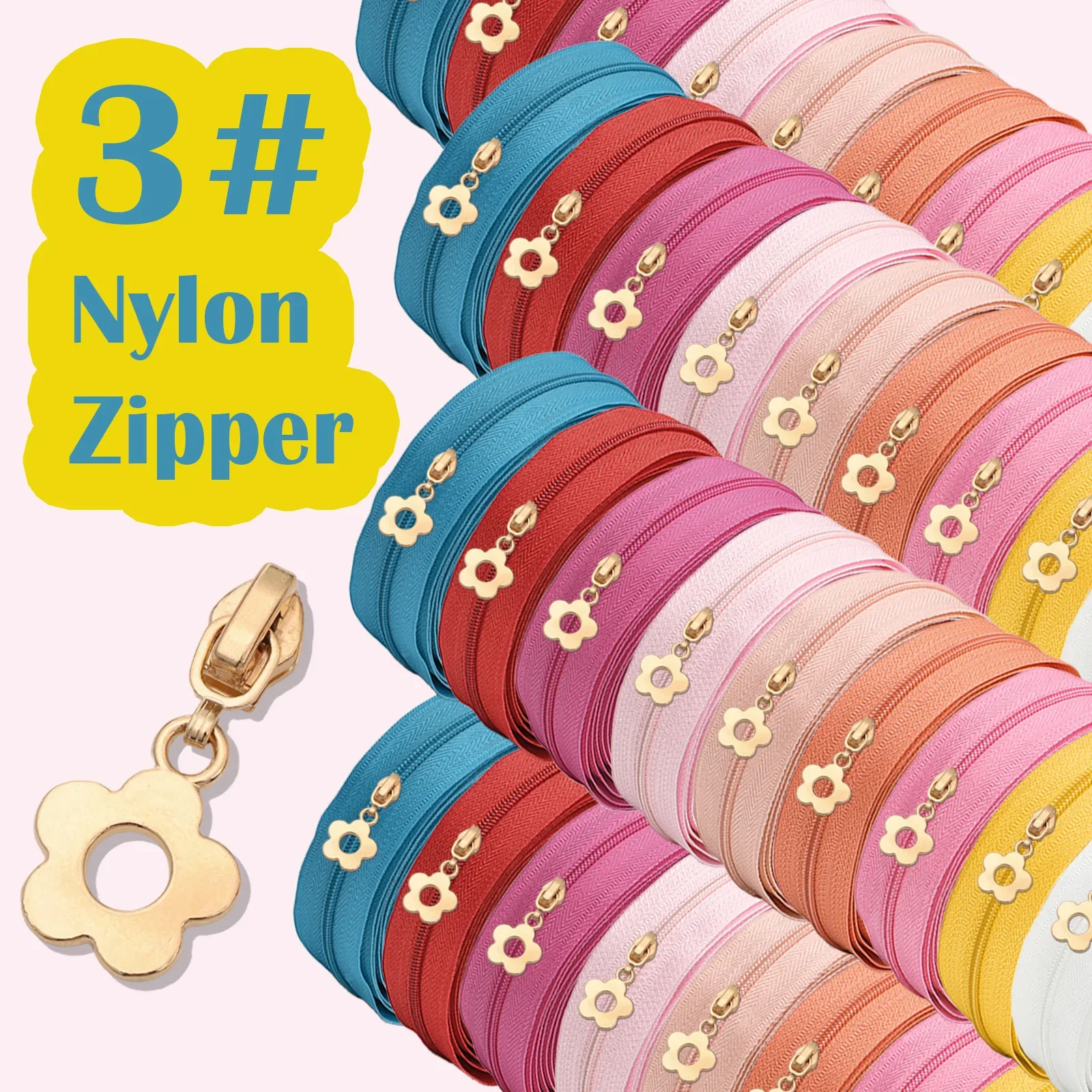 1 Set Nylon Zipper (177inch/450cm) + 10 Flower Pulls - For Home Sewing, Handmade DIY & Replacement
