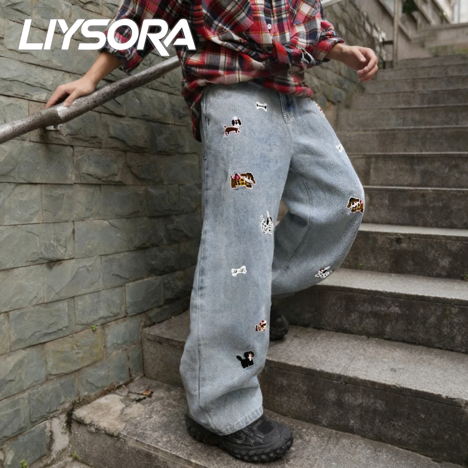 Ropa Y2K para hombre, pantalones vaqueros de pierna ancha informales holgados azules de Corea, pantalones vaqueros de pierna recta con perro de dibujos animados bordados Unisex para uso diario en la calle