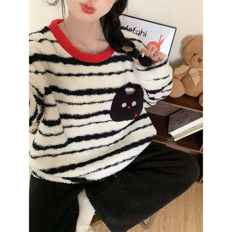 

Women's pajamas Comfortable Sleepwear Cotton Pajama Set winter autumn Plush Coral Fleece Thick Warm Cute Striped Home Suit