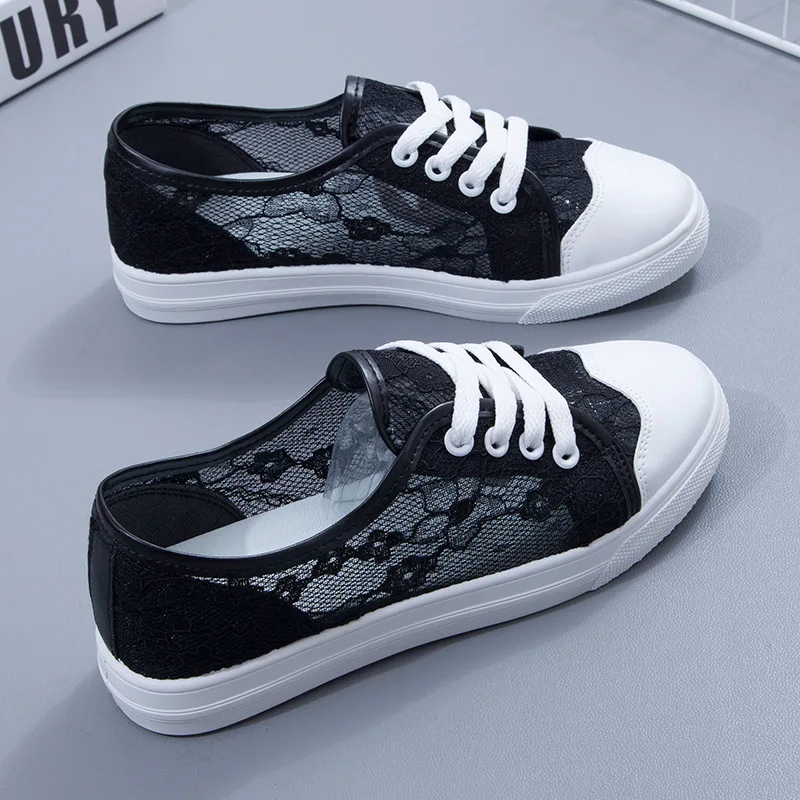 Mesh Flats Shoes White Women Sneakers Breathable Lady Lace Causal Shoes Fashion 2023 New Summer Female Black Canvas Footwear