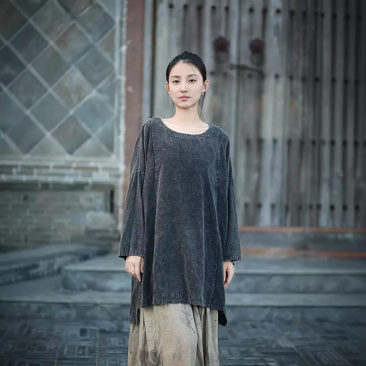 UMI MAO Yamamoto Dark Top Artistic Hoodie Stir Fried Color Design Cotton Hemp Retro Small Shirt Loose Shoulder Pullover Top