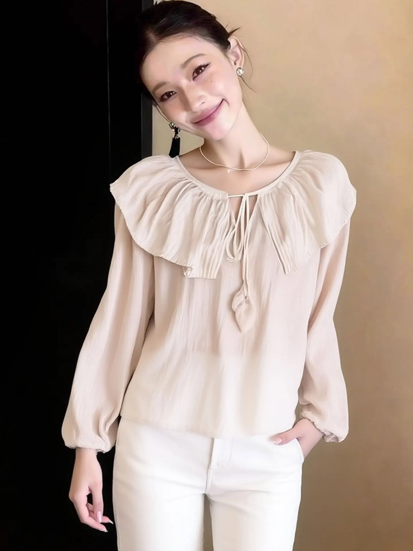 

Ele Pure Color Long Sve irt Spring Collection Gentle Sle Versatile Top Quali Korean Version Straight Cut Silk