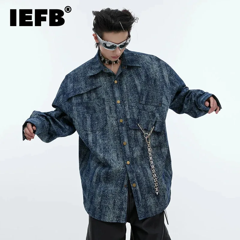 IEFB Gradient Color Male Shirts Niche Printed Shoulder Pad Long Sleeve Loose Vintage Men Shirt 2024 Autumn Tops Fashion 24E1832