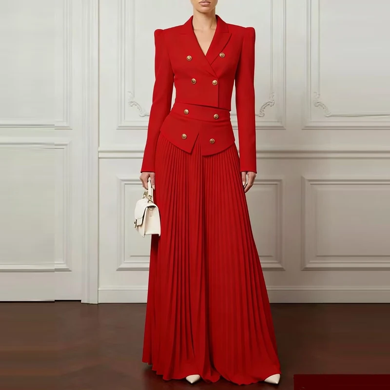 

New 2026 Fashion Pleated Outfit Women's Lapel Button Coat and Long Skirt Office Set Spring Simple Elegant Solid Color Party Suit