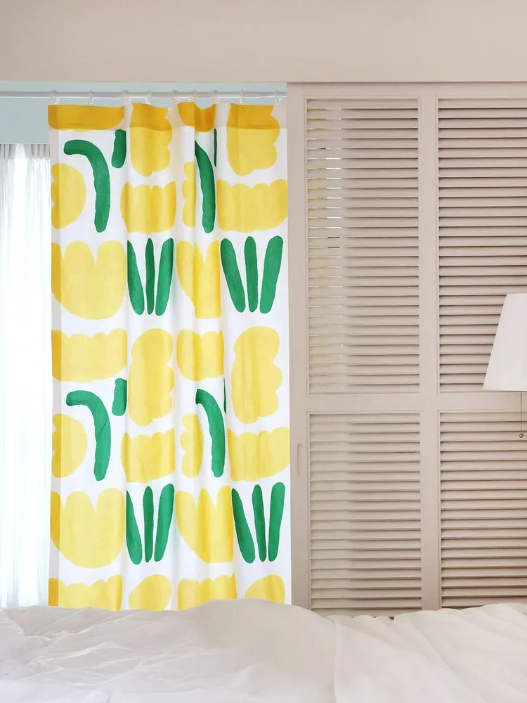 Yellow Small Flower Green Leaves Pattern Curtain No Punching Magic Tape Adhesive Bedroom Bay Window Semi Blackout Cloth