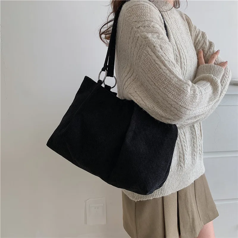 Corduroy Totes Bags for Women Shopper Girls Handbags Zipper Eco Environmental Thickened Large Capacity Winter Shoulder Bags