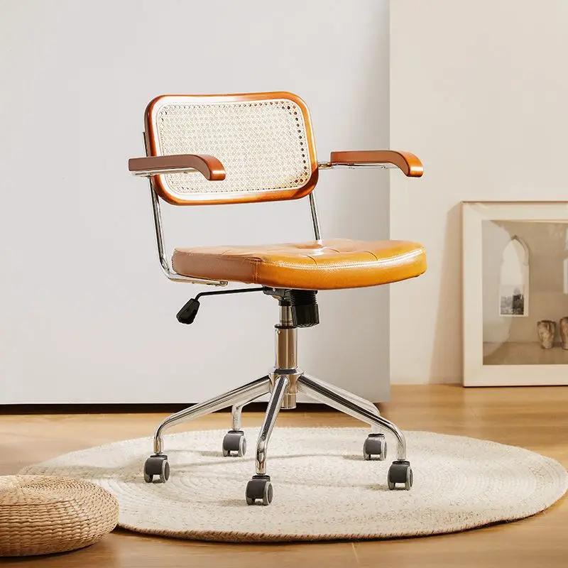 Retro Bamboo Rattan Woven Backrest Chair Office 360-Degree Swivel and Lift Computer Chair Study Office Chair Single Seat